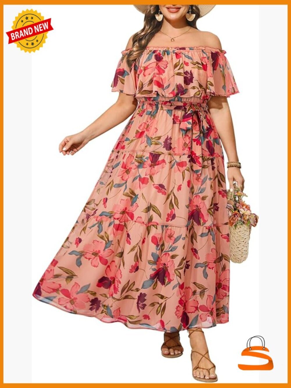 Off Shoulder Floral Maxi Dress Plus Size Summer Beach Boho Chiffon Sundress